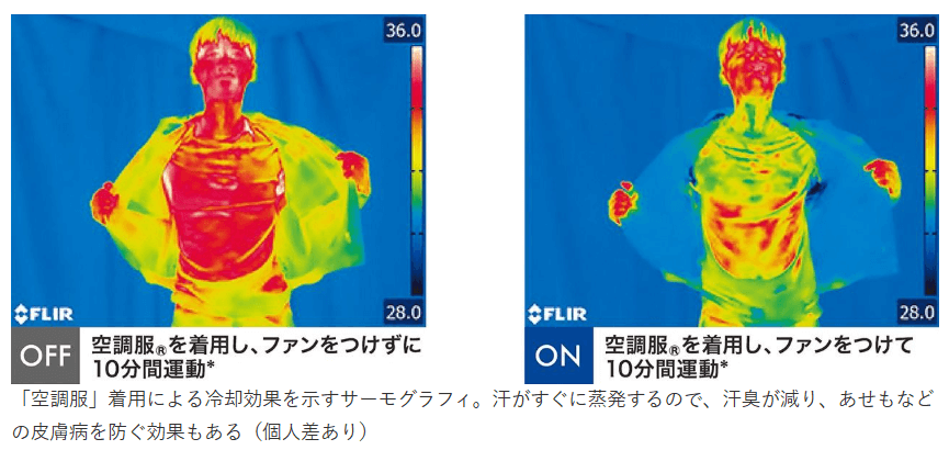 空調服着用前と着用後を比較したサーモグラフィ画像
